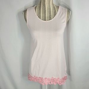 Btween Pink White Stripe Crocheted Lace Accents Shark Bite Hem Tank Top Size 12